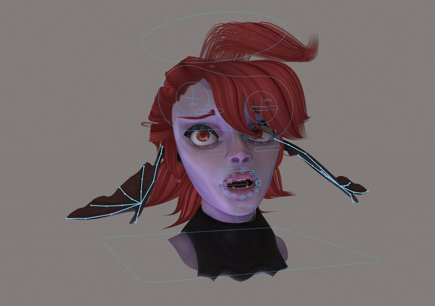 In addition to facial blendshapes, the model also has rigged face bones for extended control in animation use.