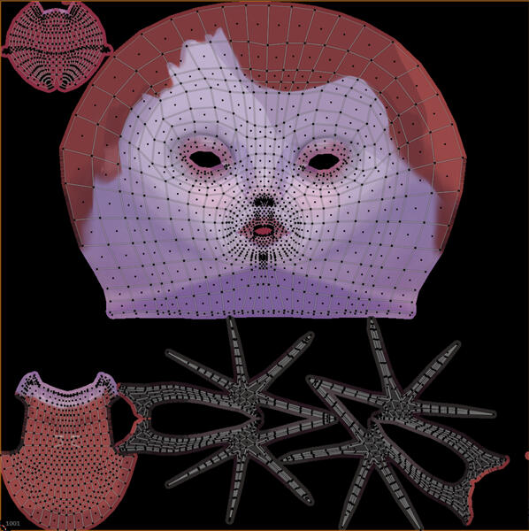 UDIM-based UV setup as the model is meant for an animation environment rather than a real-time environment, allowing for the highest quality of textures on key areas like the face.