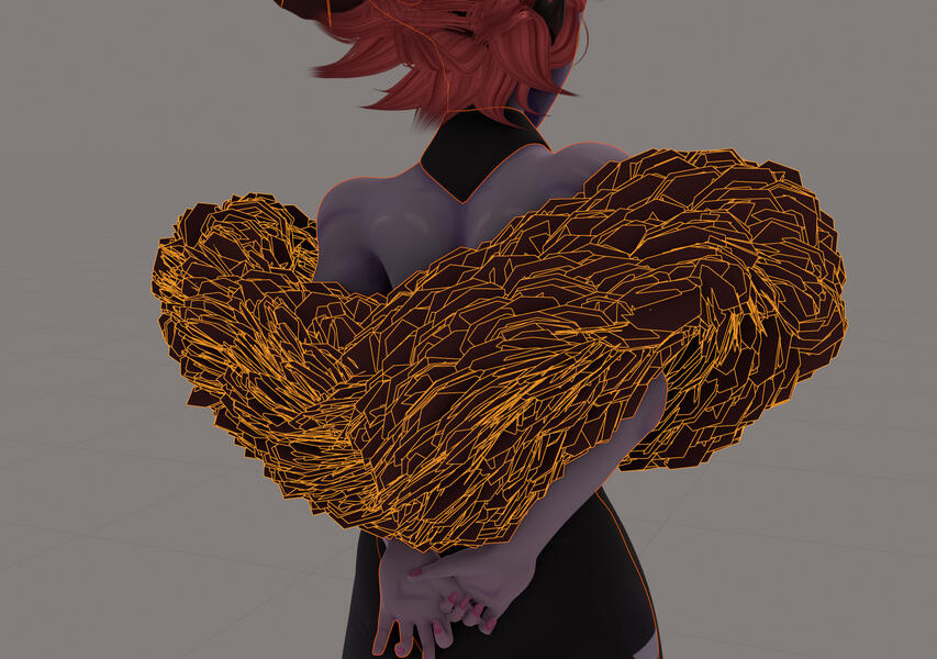 The feather cards were made using Blender's geometry nodes and achieved a fluffy look to the boa while maintaining viewport performance.