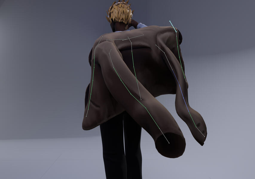With Blender's damped tracks constraints, the coat is able to have simple but realistic physics that can be automated in an initial pass through parenting and then later tweaked for performance-friendly physics. A similar setup exists for the hair allowing