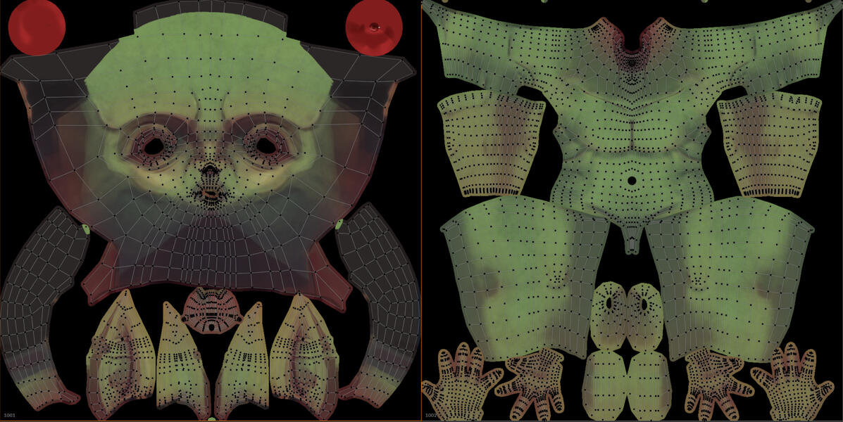 UDIM-based UV setup allows for the highest quality of textures on key areas like the face for an animation environment.